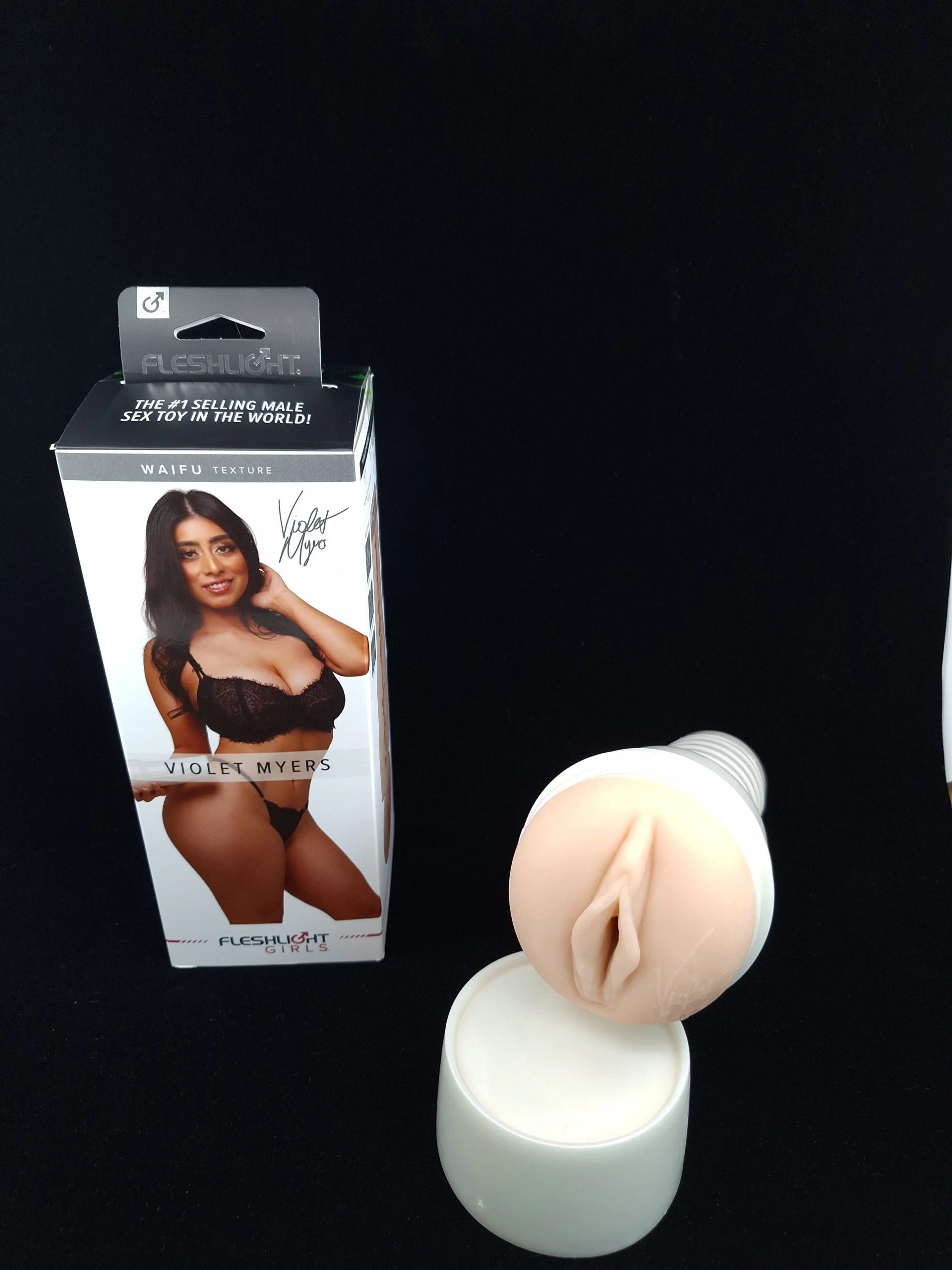 Violet Myers Waifu sleeve out of its package and without the lid