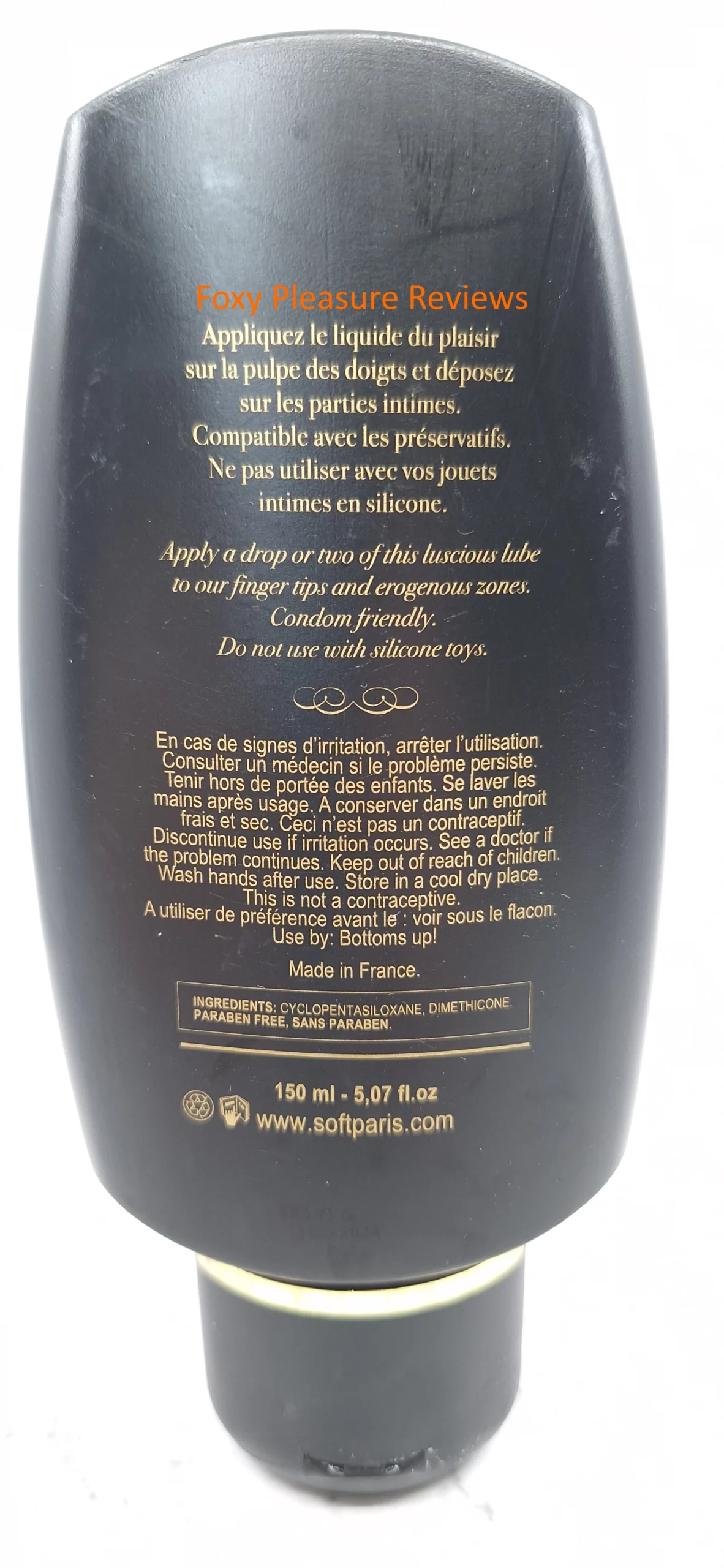 Back side of the "Encore +" bottle, a silicone based lubricant