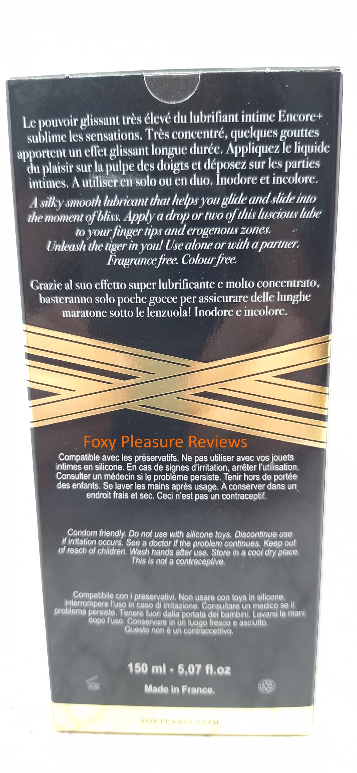 Back side of the "Encore +" package, a silicone based lubricant