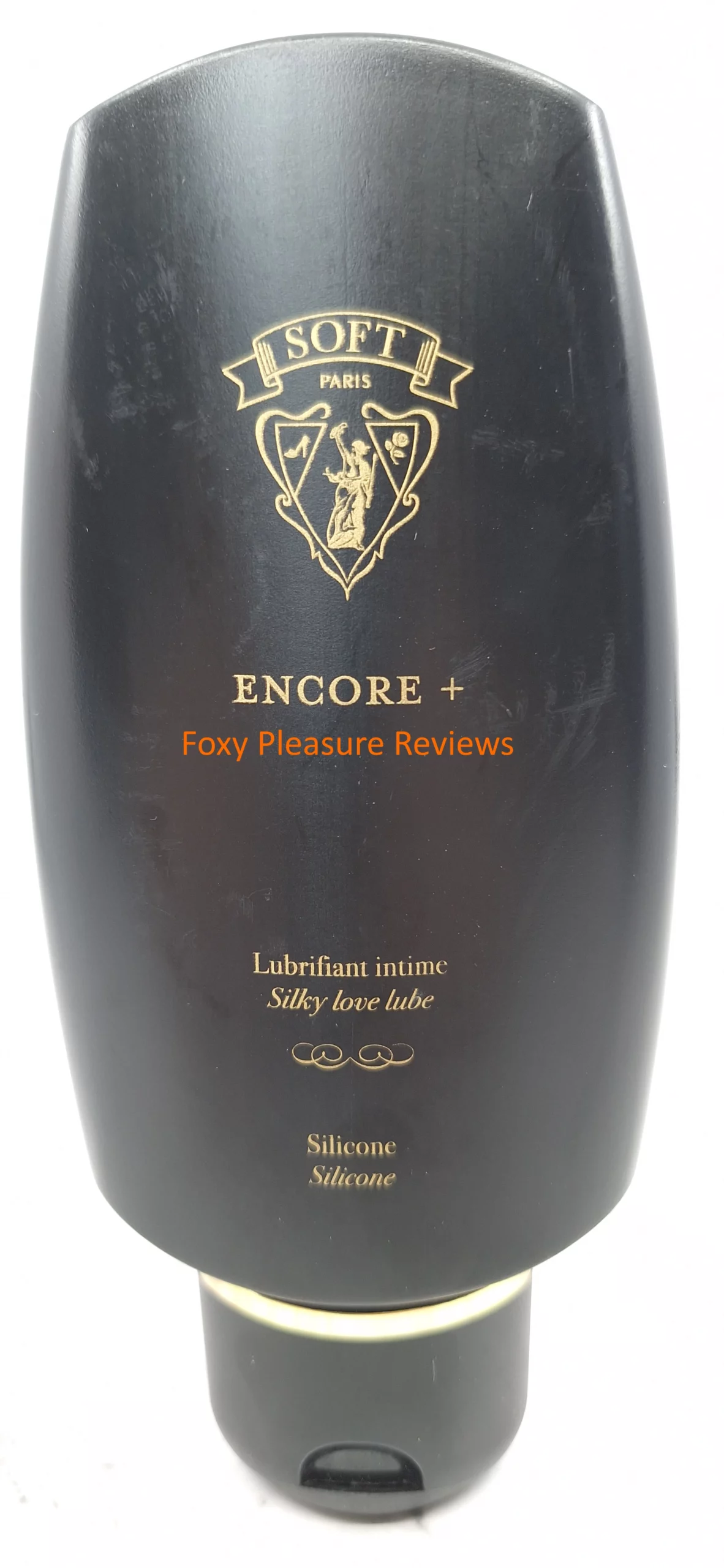 Front side of the "Encore +" bottle, a silicone based lubricant