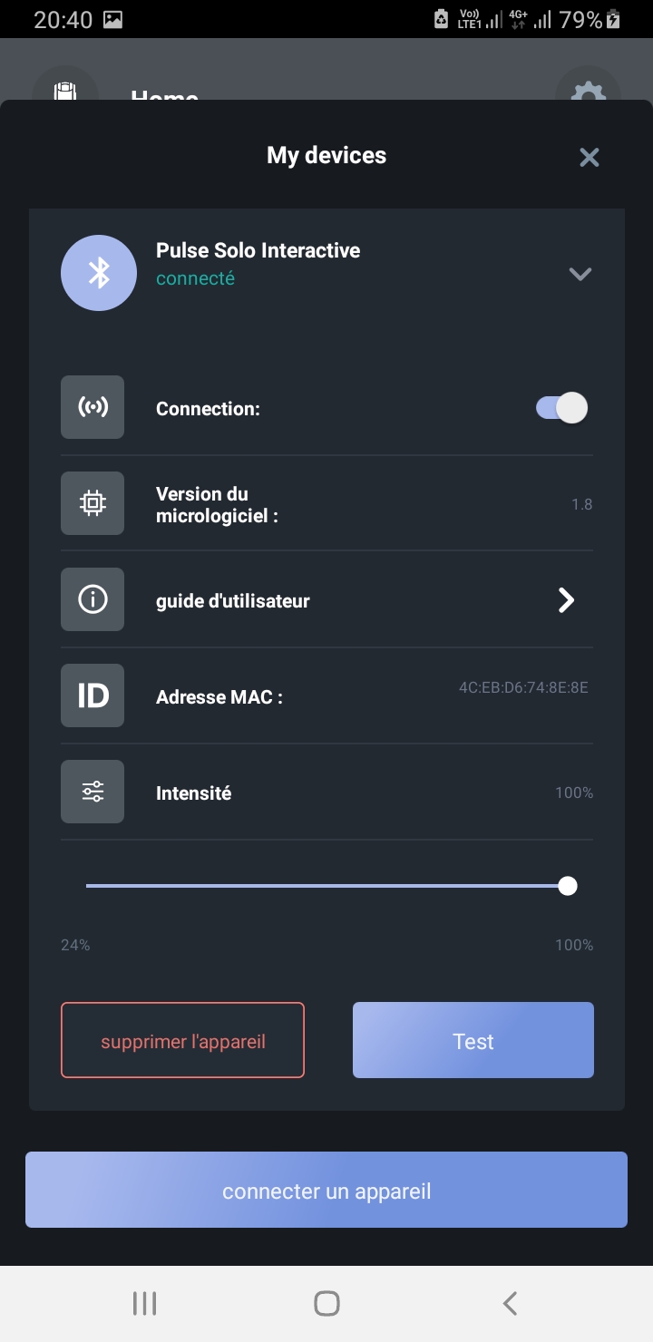 Information displayed about the Pulse Solo Interactive in the FeelConnect 3 app